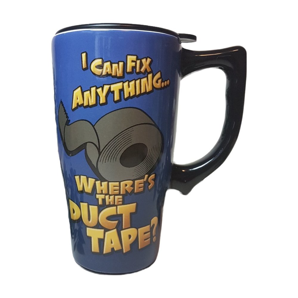 Spoontiques Ceramic Travel Mug "I Can Fix Anything" Duct Tape Lidded Tumbler